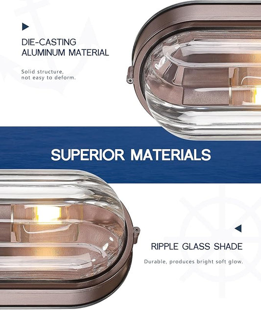 FEMILA 11" Oval Bulkhead Exterior Wall Sconce, ORB Modern Outdoor Wall Lantern, Aluminum, Ripple Glass, IP44, E26, Front Porch Light for Patio/Garage/Entry, 4FYX104FL ORB SW