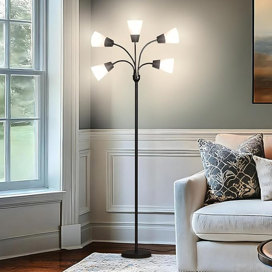 Brightech Medusa Modern LED Floor Lamp – Multi Head Floor Lamp for Living Rooms & Offices – Tall Lamp with Interchangeable Shade, Standing Lamp with 5 LED Bulbs for Hobbies - Black