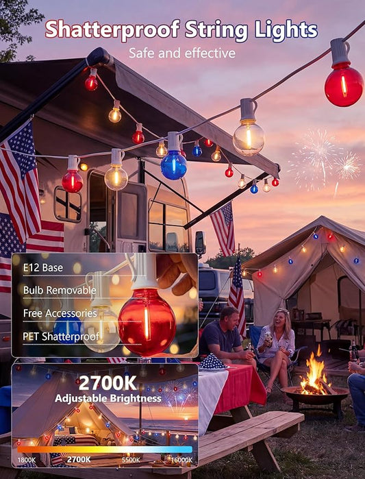 4th of July String Lights, 25FT G40 Red White and Blue Lights with 27 Shatterproof G40 LED Bulbs(2 Spare), Plug In Outdoor String Lights for Independence Day Patriotic Party Patio Backyard Decor