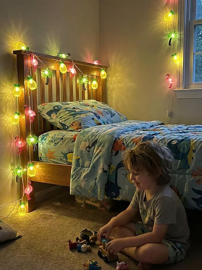 8.5Ft Summer Beach Hawaiian String Lights Outdoor with 10 LED Flamingo Pineapple Palm Tree Lights, Plug in Tropical Party Decorations Lights for Patio Backyard Garden Window Tiki Bar Pool Party Decor