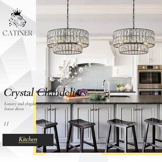 CATINER Black Crystal Chandelier 6-Lights Luxury Crystal Pendant Chandelier 20'' Drum Semi Flush Mount Ceiling Lights for Dining Room Foyer Living Room Bedroom Kitchen