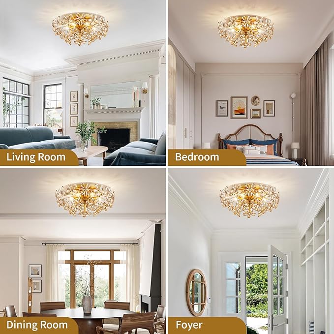 Modern K9 Crystal Chandeliers, Chic Style Close to Ceiling Light Fixture for Living Room, Bedroom, Dining Room, D18 x H8 in, Champagne Flower Crystal & Gold Finish Frame