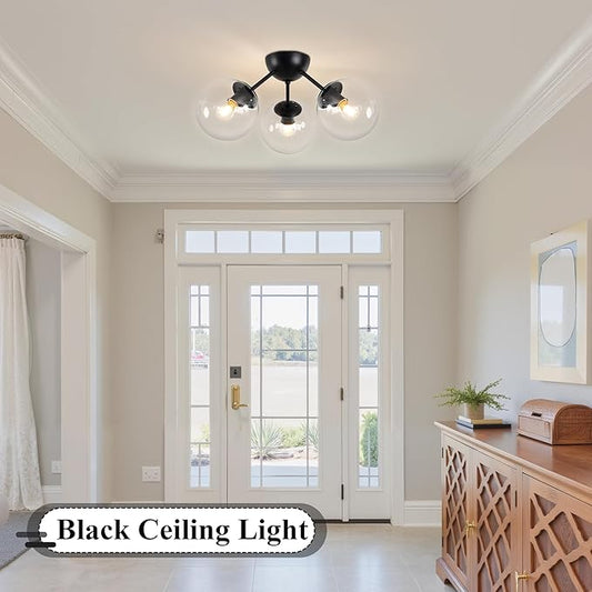 Bagood Mid-Century Modern Semi Flush Mount Ceiling Light 3 Lights Clear Glass Modern Globe Ceiling Light Matte Black Sputnik Chandeliers for Hallway Entryway Kitchen Bedroom Laundry(Bulb Incl.)