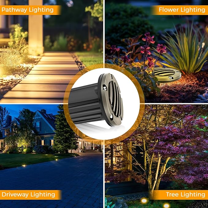 Gardencoin Brass Low Voltage Landscape Well Lights (5" Cover, 5.5" Tall), 12V LED Wired In-Ground Outdoor Up Lighting Fixture Waterproof, Adjustable Beam Direction Base, Without MR16 Bulb (4 Pack)