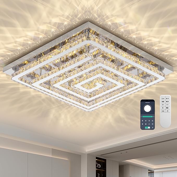 43 inch Crystal Chandelier with Remote/APP Control, 3 Color Temperature Light Fixture & Brightness Adjustable, Modern Flush Mount LED Ceiling Light Fixture for Living Room Kitchen Hallway Dining Room
