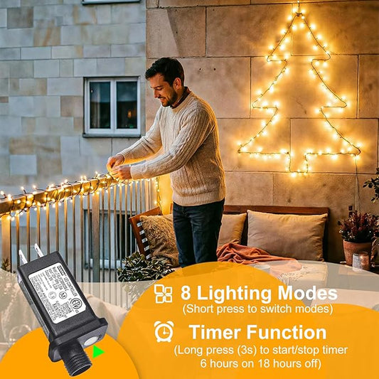 100FT 300 LED Christmas Lights Outdoor, Warm White Christmas Tree Lights 8 Modes, Plug in Connectable Christmas String Lights Indoor for Outside Patio Garden Xmas Party Holiday Decorations