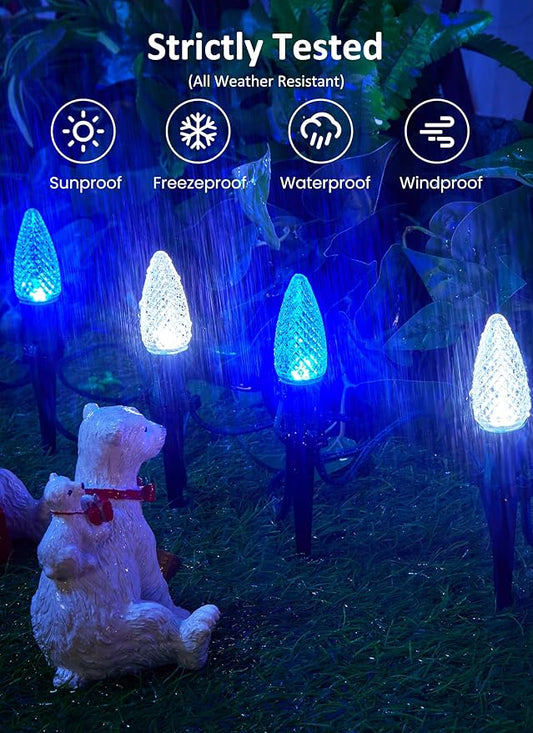 Christmas Pathway Lights Outdoor, 2 Pack 26 Ft 20 LED C9 Strawberry String Lights with Stakes, Connectable Waterproof Outside Christmas Lights Marker for Path, Lane, Patio Decor, Blue & Pure White