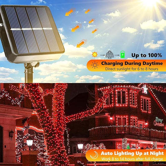Joomer Solar String Lights, 39FT 100LED Solar Powered Outdoor Fairy Lights, Waterproof 8 Modes Twinkle String Light for Garden Patio Yard Tree Wedding Christmas Decor (Red)