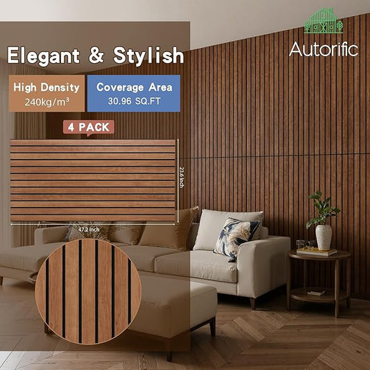 Wood Veneer Acoustic Panels, 4 Pack 47.2”x23.6” Sound Panels, Decorative Large Wood Panels for Wall, for Office,Home Theater,Studio,Living Room, Cherry(Mitred)