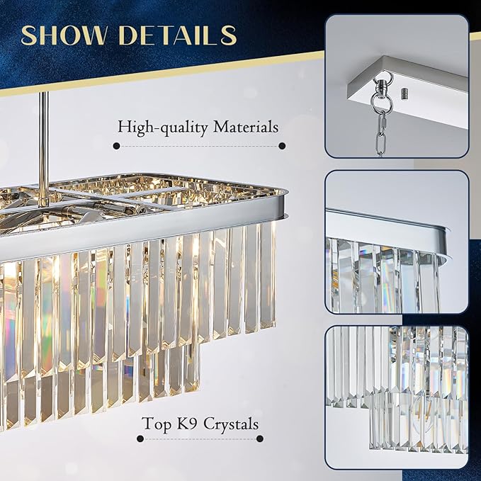 Modern Chrome Rectangle Chandelier L33.5” Luxury K9 Crystal Ceiling Pendant Light Fixture 11 Lights Rectangular Long Chandelier for Kitchen Island Dining Room Living Room Bar