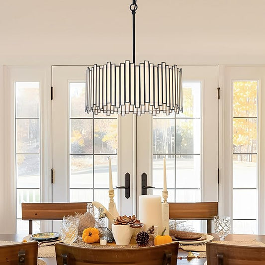 KSANA Black Drum Chandelier, 4-Light Modern Pendant Lights with Irregular White Glass Shade, 15.5'' Chandeliers Hanging Light Fixtures for Dining Room Kitchen Bedroom Foyer