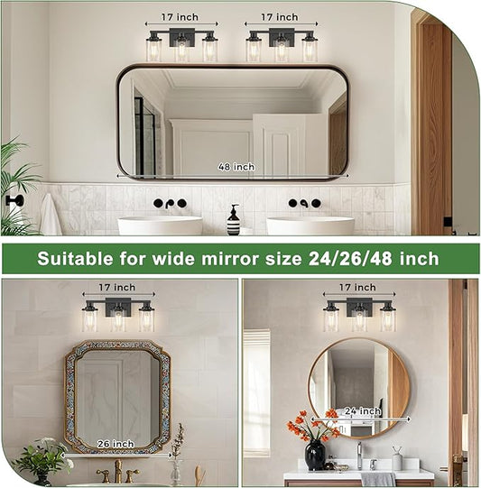 DORESshop 17 Inch Bathroom Light Fixtures, 3-Light Black Bathroom Lighting Fixtures Over Mirror with Glass Shade, Modern Vanity Lights for Hallway Bedroom, Includes Bulbs
