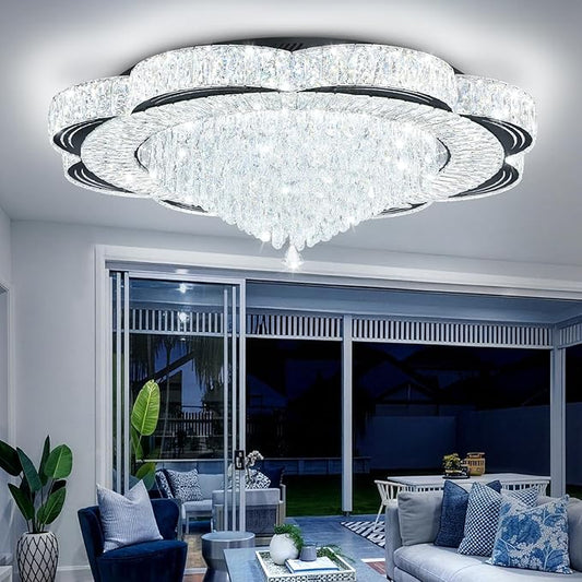 Modern Empire Crystal Chandelier Black 40inches Crystal Raindrop Ceiling Light for Living Room Bedroom LED Infinity Dimmable 3000-6000K