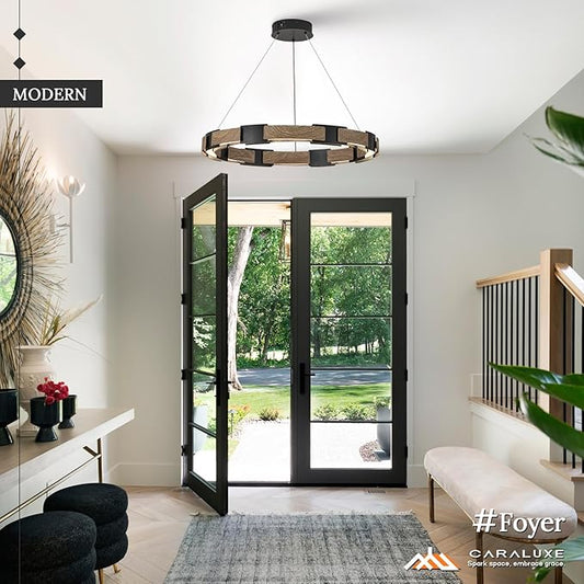 LED Ring Chandelier Dimmable Black & Wood Chandelier for Dining Room 24in Circular Chandeliers Light Modern Round LED Chandeliers Light Fixture for Entry Bedroom Kitchen Home Office Living Room