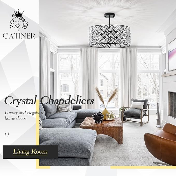 Crystal Ceiling Light Black Modern Chandelier 18" Pendant Light 6-Light Convertible Semi Flush Mount Lighting Drum Semi Flush Mount Hanging Drum Shade for Kitchen Island Dining Room Bedroom Hallway