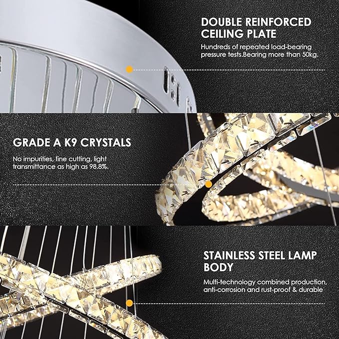 Modern Crystal Chandeliers for High Ceilings, 5 Rings Modern Led Chandelier Light Fixture 3 Colors Adjustable, Gold Chandelier for Foyer Dining Room Bedroom Living Room Staircase, D8"-12"-16"-20"-24"