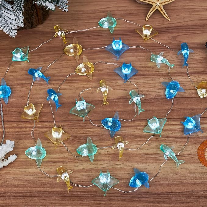 Nautical theme Sea Life Decorative Fairy String Lights, Whale Shark, Sunfish, Manta Ray Cute Novelty Marine Lights 30 LEDs 10 ft USB or Battery Operated for Bedroom Classroom Beach Aquarium Wall Decor