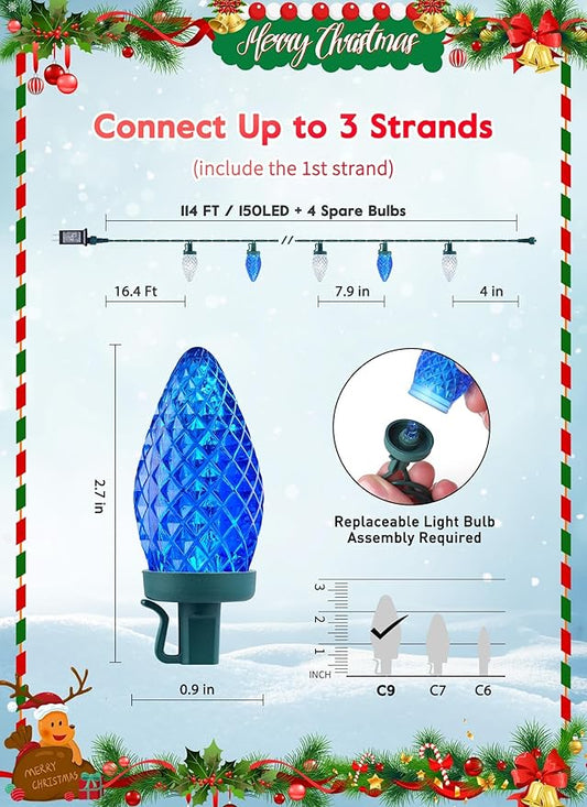 C9 Christmas Lights Outdoor Waterproof, 114 Feet 150 LED C9 String Light with Timer & 8 Light Modes, Connectable Christmas Tree Lights for House Outside Roofline Indoor Decoration, Blue & Pure White