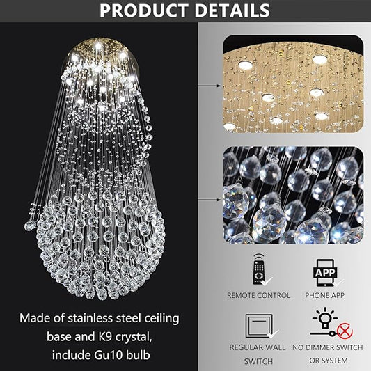 D32'' x H100'' Crystal Chandelier for Entryway High Ceiling Chandeliers Glam Chandelier Modern Large Raindrop Chandeliers LED Dimmable Light Fixtures for Staircaes Foyer Living Room Gold