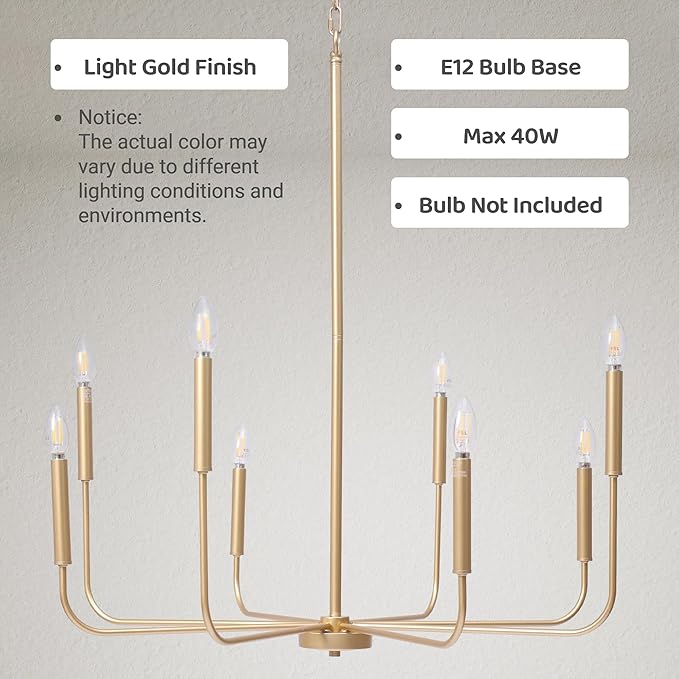 LALUZ 8-Light Gold Chandelier, 31.5'' Large Farmhouse Dining Room Light Fixture Over Table, Modern Chandeliers Hanging Lights Fixtures for Living Room Foyer Staircase High Ceilings