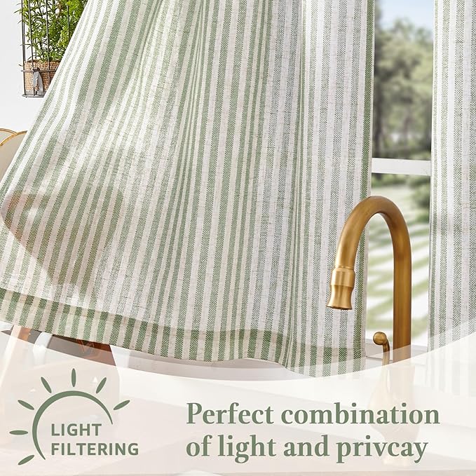 jinchan Striped Linen Kitchen Curtains 20 Inches Length Tier Curtains Farmhouse Modern Cafe Style Small Window Treatments Airy Light Filtering Rod Pocket for Living Room Bathroom 2 Panels Sage Green