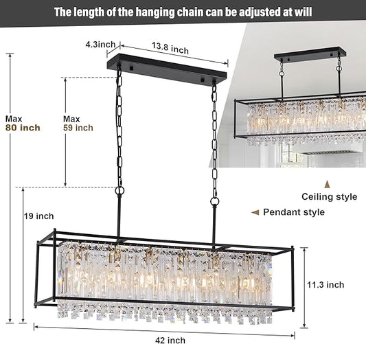Modern Black Crystal Chandeliers For Dining Room, 42" Large Rectangle Water Ripple Glass Pendant Elegant Linear Lighting for Kitchen Island Dining Room LivingRoom Flat Inclined Ceiling,L42 x W11 x H19