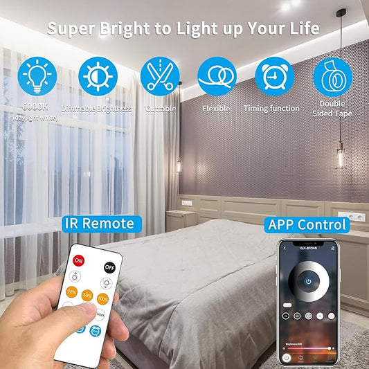 16.4ft COB LED Strip Lights White Dimmable DC 24V 6000K Flexible LED Tape Light for Bedroom, with Remote and app Control LED Tape Lights ,for DIY Home Decoration