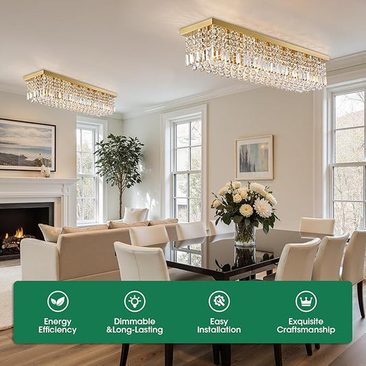 Modern Crystal Chandeliers for Dining Room Light Fixture, 8-Light Gold Rectangle Chandelier Ceiling Light for Kitchen Island Living Room, L39.4 Inch