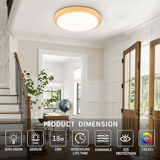 Modern Dimmable Wood Flush Mount Ceiling Light, 3500K-6500K 3CCT Round Close to Ceiling Lighting Fixtures, Minimalist LED Ceiling Lamp for Bedroom, Kitchen, Hallway, Laundry Room-8inch