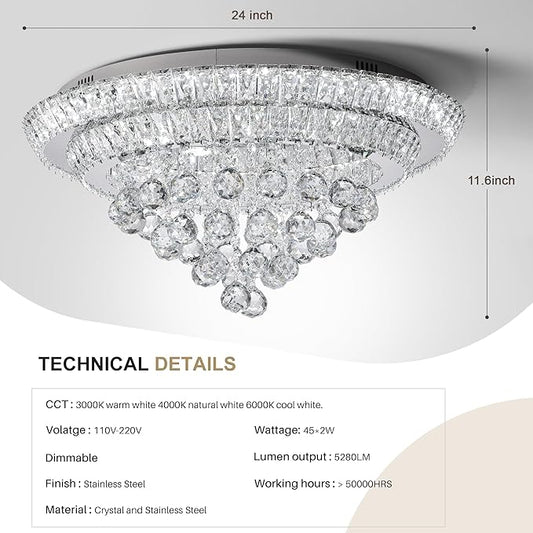 COCOSTAR 24" Crystal Chandeliers, Flush Mount Chandelier LED Ceiling Light, Modern Crystal Raindrop Chandeliers for Dining Room, Living Room, Bedroom