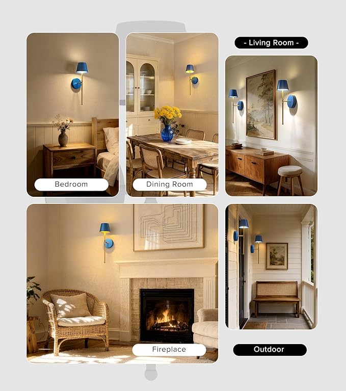 UME Wireless Sconces Set of 2 with Remote, 5200mAh Battery Powered Sconces - Small Rechargeable Sconces w/ 3 Color Temps & 5 brightness levels for Bedroom, Living Room, Wall Painting, Cafe (Blue-gold)