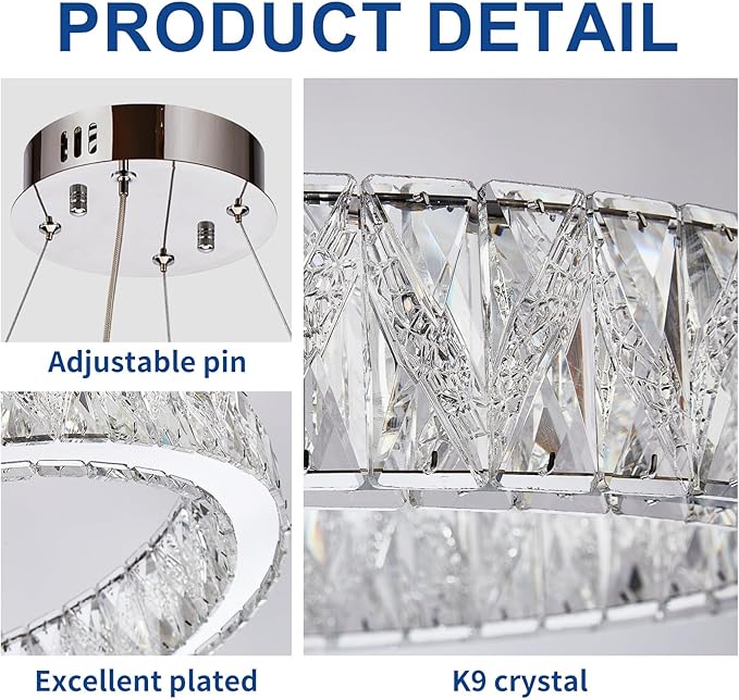 Depuley Modern LED Crystal Chandeliers: 15.7" Ring Chandelier Hanging Crystal Ceiling Light Fixture - 24W Adjustable Height Pendant Light for Living Room Dining Room Bedroom Foyer