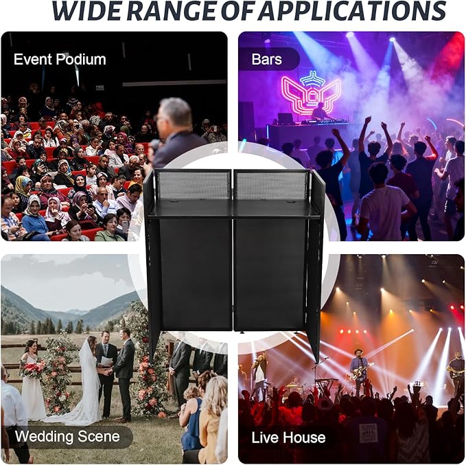 Portable DJ Booth Table Station 44"x42.2"x20.6", Foldable Metal Frame DJ Facade with Black & White Scrims, Detachable 40"x20" DJ Table, Adjustable Height, Carry Bag for Show, Party, Wedding, Events