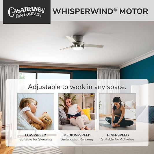 Casablanca 44 inch Indoor Ceiling Fan with LED Light - Low Profile Flush Mount Ceiling Fan for Bedroom, Living Room, or Kitchen, Wall Control, 3 Blades, Includes Bulb - Commodus 59570, Brushed Nickel