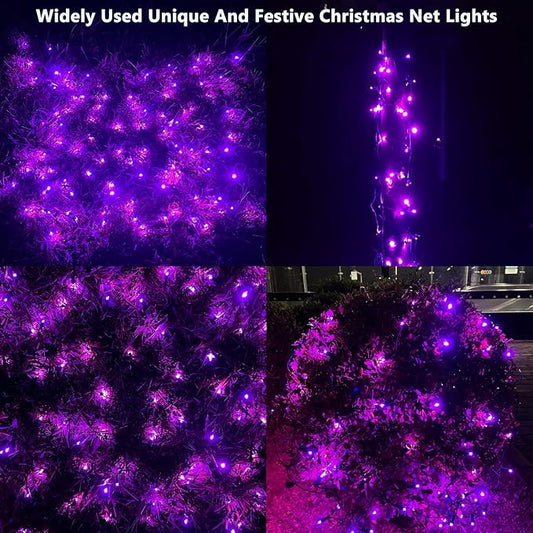 HISHINY Halloween Lights Outdoor,100LED 5ftx5ft Purple Net Lights with Connectable, Waterproof,UL Certified and Durable Green Wire Design for Bushes,Trees, Outdoor Indoor Party Decorations(Purple)