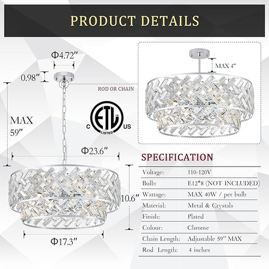 CATINER Chrome Crystal Chandelier, 8-Light Drum Semi Flush Mount & Pendant Ceiling Light, 24'' Modern Round Fixture for Living Room, Dining Room, Kitchen, Foyer, Bedroom