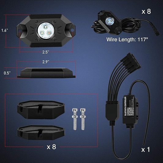Nilight RGB LED Rock Lights Kit 8 pods Underglow Neon Multicolor with Bluetooth App Control Music Mode IP68 Exterior Wheel Well Party Lamp for ATV UTV Golf Cart Truck Boat RV