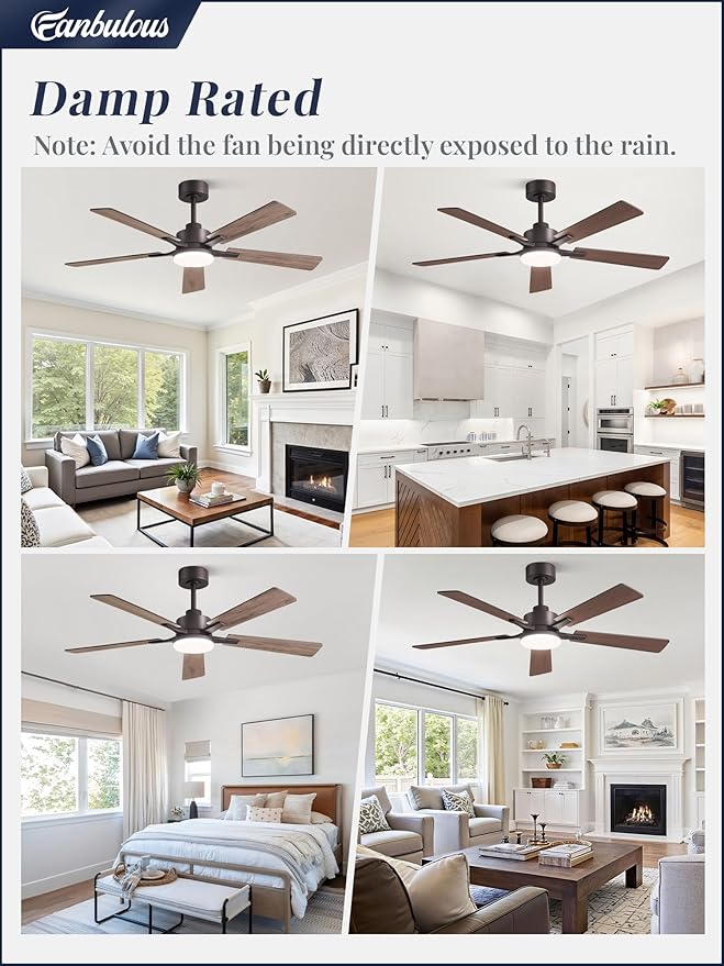 52 Inch Ceiling Fan with Light and Remote, 6 Speeds Reversible DC Motor Ceiling Fans for Bedroom Living Room Patio, 3CCT Dimmable LED, 5 Wood Blades, Downrod Mount, Sloped Ceiling Compatible