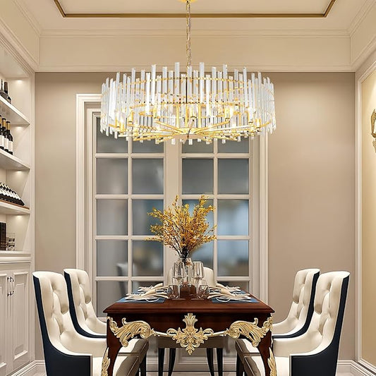Gold Crystal Chandeliers for Dining Room, 39.4" Modern Round Chandelier Large Adjustable Height Ceiling Hanging Pendant Light Fixture for Dining Living Room Bedroom