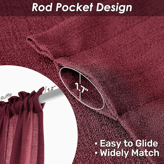 Melodieux Burgundy Semi Sheer Curtains 72 Inches Long for Bedroom, Living Room Farmhouse Linen Look Shiny Sheer Drapes, Rod Pocket Light Filtering Sheer Curtains, 52" W x 72" L, 2 Panels