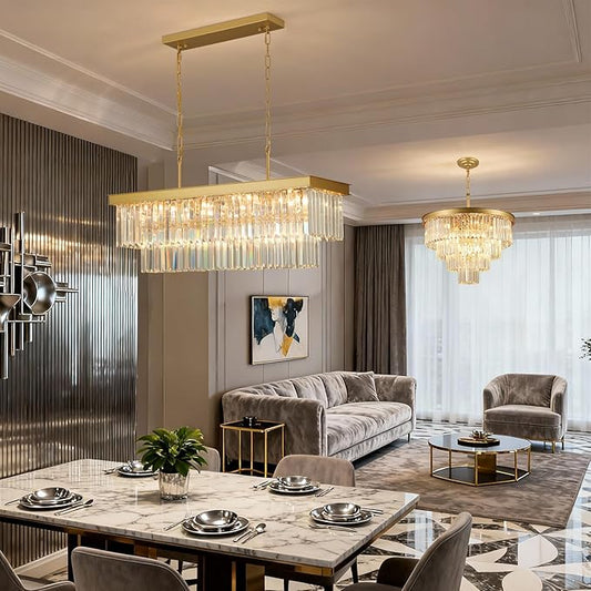 Weesalife Crystal Chandeliers for Dining Room Light Fixtures Over Table,11-Lights Gold Modern Rectangle Chandeliers for Kitchen Island Bar L33.5 Inch