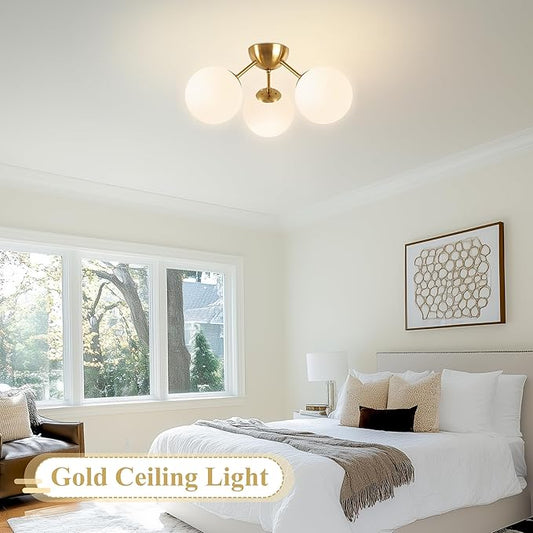 Bagood Mid-Century Modern Semi Flush Mount Ceiling Light 3 Lights Opal Glass Modern Globe Ceiling Light Gold Brass Sputnik Chandeliers for Hallway Entryway Kitchen Bedroom Laundry(Bulb Incl.)