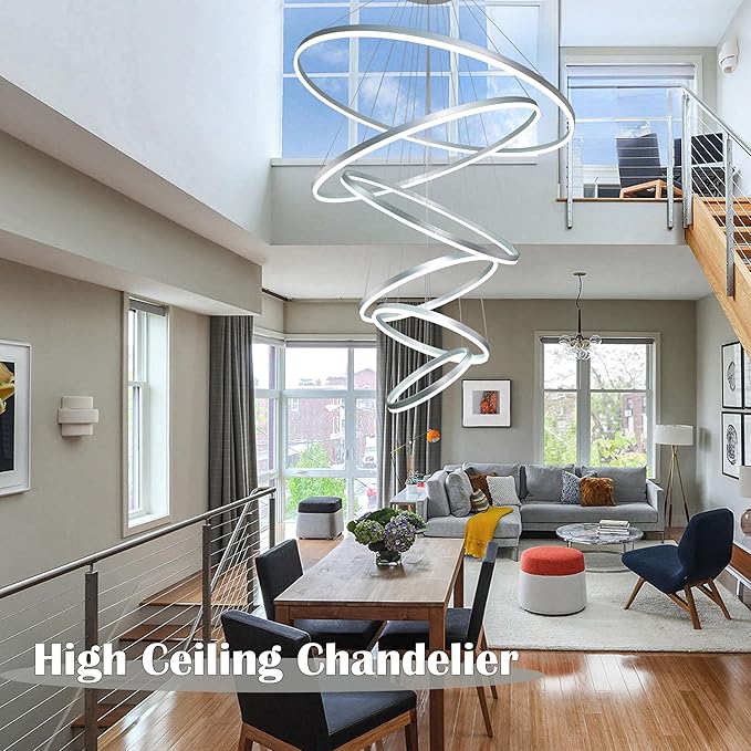 6 Rings Pendant Lights 47.2'' Modern Height Adjustable Chandeliers Sliver Led Chandelier Dimmable Sliver Chandelier Led Pendant Light for Dining Room Bedroom Living Room(3000K-6000K)