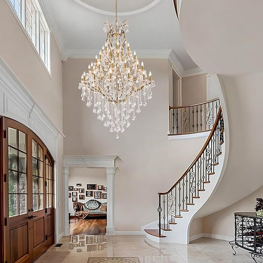 42 Lights Large Crystal Chandeliers for High Ceilings Brass Maria Theresa Chandelier Light Fixture Modern Chandelier for Foyer Hallway Entryway Staircase 75" H x 49.2" D