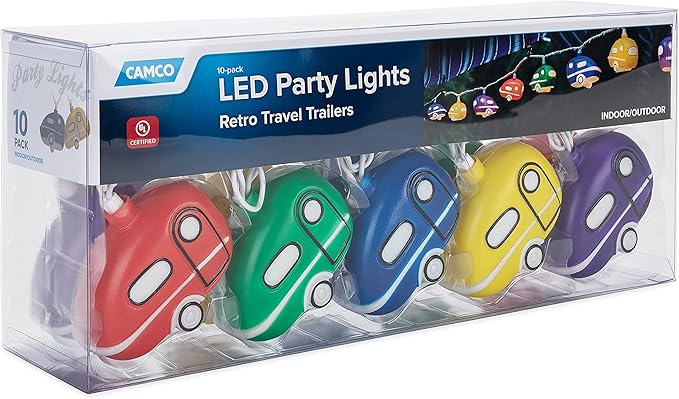 Camco Retro Travel Trailer Party Lights - Features an 8' Strand with (10) Travel Trailer Lights - Camping String Lights - Perfect for RV Awnings and Campsite Décor (42655)