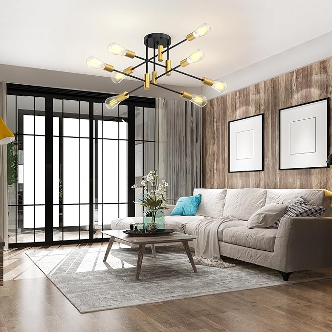 Modern Sputnik Chandelier Ceiling Light Fixture, 8-Light Mid Century Industrial Semi Flush Mount Light for Dining Room, Kitchen Island, Bedroom, Living Room, Matte Black and Gold, Adjustable Arms
