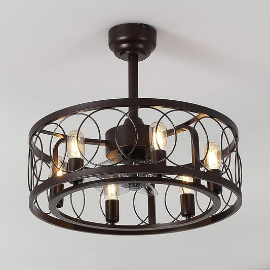 JONATHAN Y 21.6" Oil Rubbed Bronze 6-Light Caged Ceiling Fan with Lights, 6-Speed Industrial Farmhouse Flush Mount Fan with Remote and App Control, Metal Cage Shade, 6 LED Bulbs JYL9732A