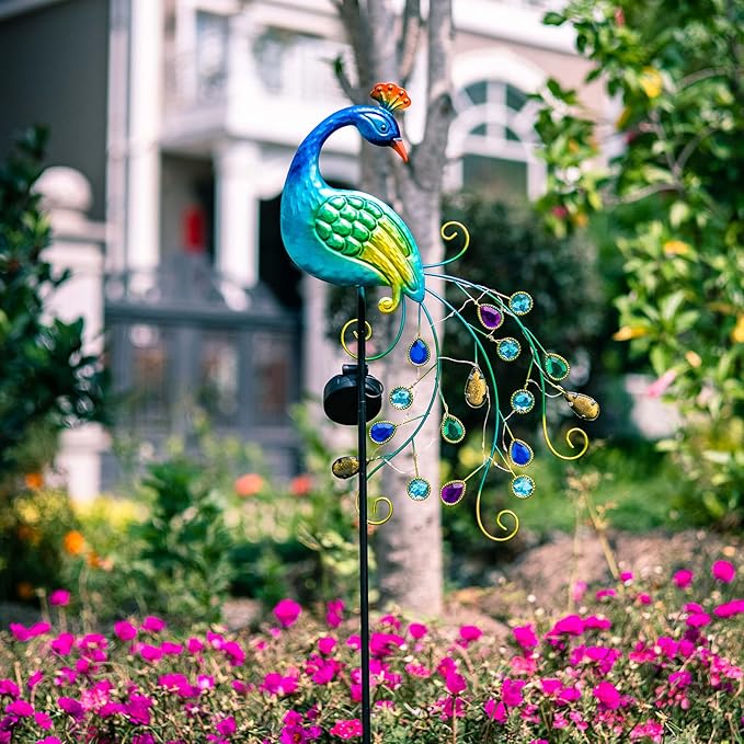 DREAMSOUL Metal Peacock Garden Solar Lights Outdoor Decorative Garden Stake Lights- Waterproof Peacock Solar Landscape LED Path Light Patio Yard Lawn Outside Decoration