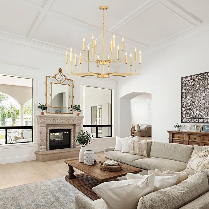 Gold Chandeliers for Dining Room Light Fixture Over Table, Modern Farmhouse Chandeliers for Living Room,18-Lights Industrial Metal Candle Lighting Fixtures for Entryway Kitchen Island Foyer