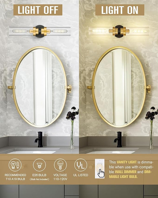Emak Black and Gold Vanity Lights for Mirror, Modern 22 Inch Bathroom Light Fixtures with Clear Glass Shade, 2-Light Cylinder Wall Sconce for Bathroom, Bedroom, Hallway, VL085-BKBGD-2